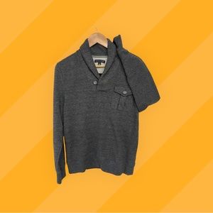 Charcoal gray shawl-collar sweater and chest pocket by Banana Republic Factory.